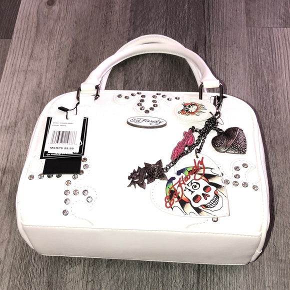 Ed Hardy White Faux Leather Satchel Embossed Skull & Rhinestones Bag Charm NWT - Picture 2 of 16